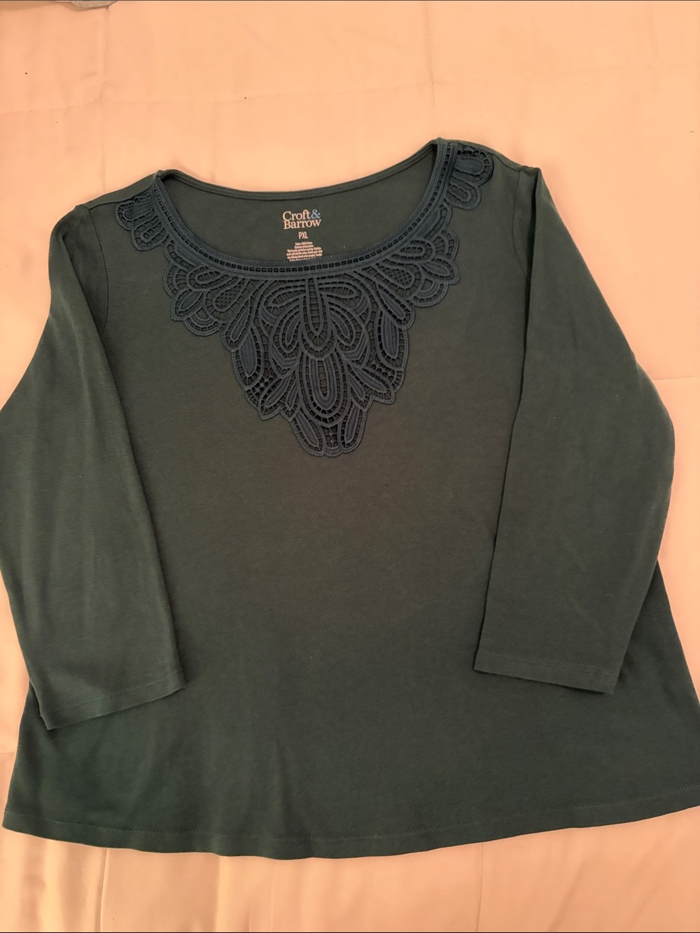 Croft & Barrow- Forest Green Three-Quarter Sleeve Top with Crochet Lace Yoke